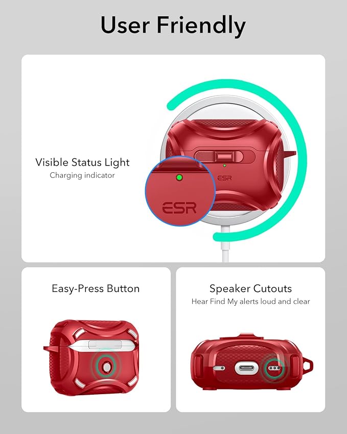 ESR for AirPods Pro 2 Case (2023/2022/2019, 2nd/1st Gen), Compatible with AirPods Pro 2nd Generation (USB-C/Lightning Cable), Effortless MagSafe, Drop-Proof Lock, Easy Open, Cyber Series,Dark Red