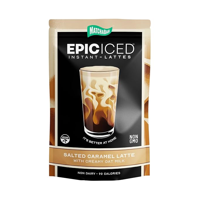 Matchabar Epic Iced Instant Latte Powder | Salted Caramel Espresso w/Oat Milk Base | Low Sugar, Non-Diary & Vegan Instant Iced Coffee Powder | Barista-Quality Creamy Latte Mix | 10 Servings