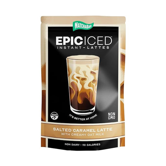 Matchabar Epic Iced Instant Latte Powder | Salted Caramel Espresso w/Oat Milk Base | Low Sugar, Non-Diary & Vegan Instant Iced Coffee Powder | Barista-Quality Creamy Latte Mix | 10 Servings