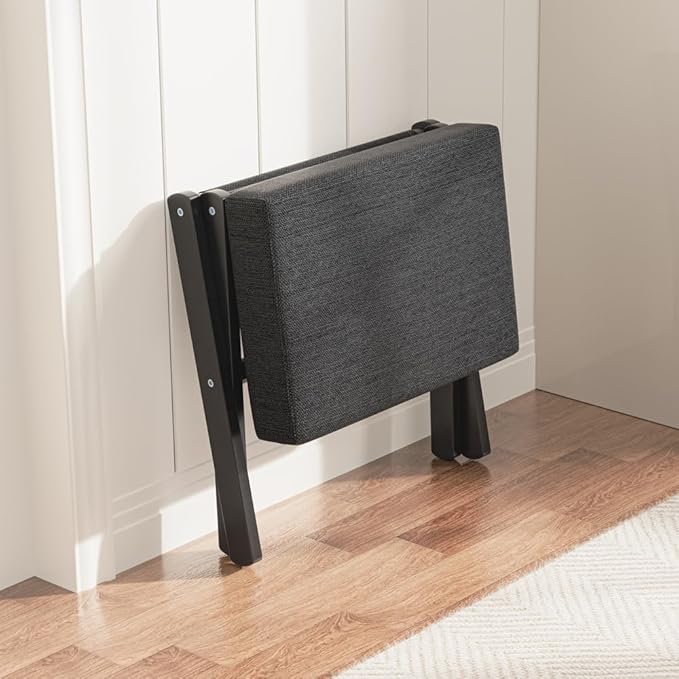 Foldable Foot Stool Ottoman, Modern Foot Rest with Bamboo X Legs & Thick Foam Cushion, Folding Foot Stools Small Padded for Bedroom Living Room, Makeup Vanity Stool Chair (Black - Black)