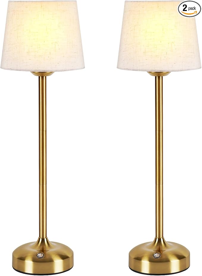 YAYZA! Cordless Table Lamp Adjustable Height Desk lamp, Fabric Shade 7500mAh Rechargeable LED Wireless Touch Night Light Stepless Dimming, 3 Color Temperatures with Edison Bulb (High Gold - 2 Pack)