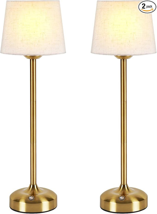YAYZA! Cordless Table Lamp Adjustable Height Desk lamp, Fabric Shade 7500mAh Rechargeable LED Wireless Touch Night Light Stepless Dimming, 3 Color Temperatures with Edison Bulb (High Gold - 2 Pack)