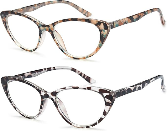EYEURL Cat Eye Reading Glasses for Women -2 Pack of Blue Light Blocking Readers Spring Hinge Computer Eyeglass with Tortoise/Champagne Pattern Design Readers for women +1.00