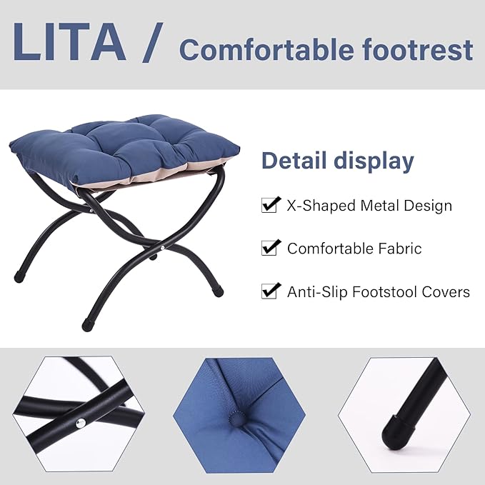 LITA Folding Upholstered Footrest Stool, Modern Small Portable Accent Ottoman with Detachable Thick Cotton Cushion Padded Sofa Stool with Metal Frame for Lazy Chair, Living Room & Bedroom, Royal Blue