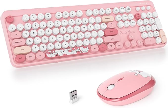 Fogruaden Wireless Keyboard and Mouse Combo, Pink Retro Typewriter Keyboard, 2.4GHz Full Size Round Keycap Cute Computer Keyboard with Number Pad, Pink Colorful Keyboard for Windows PC Laptop(Pink)