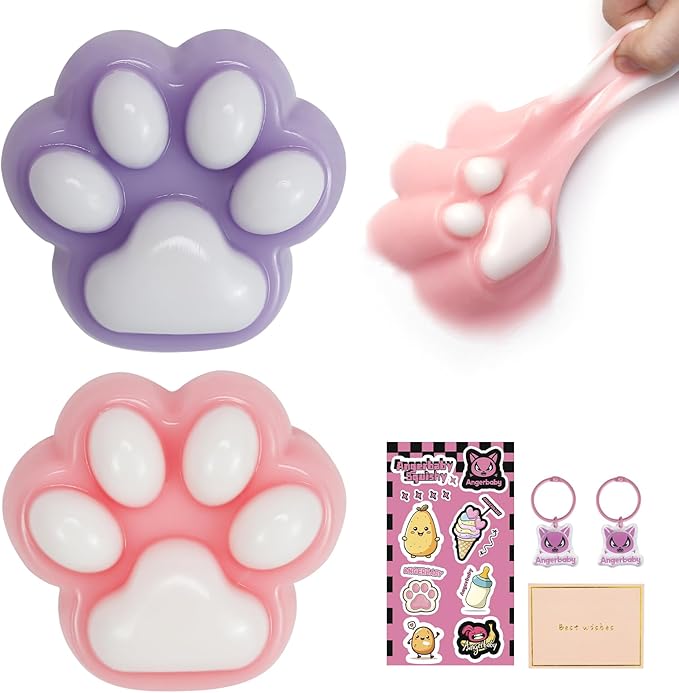 Taba Squishy Paw, Cat Paw Squeeze Toys, Cute Kawaii FuFu Squishies, Sticky Squishy Cat Paw Fur Ball, Kitty Paw Stress Relieving Fur Toys, YoYo Funny Fidget Toys for Gift, Kids-Purple&Pink