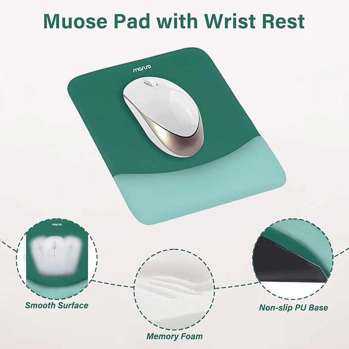 MOSISO Wrist Rest Support for Mouse Pad&Keyboard Set, Rectangular Ergonomic Mousepad Non-Slip Base Home/Office Pain Relief&Easy Typing Pad with Neoprene Cloth&Raised Curved Memory Foam, Peacock Green