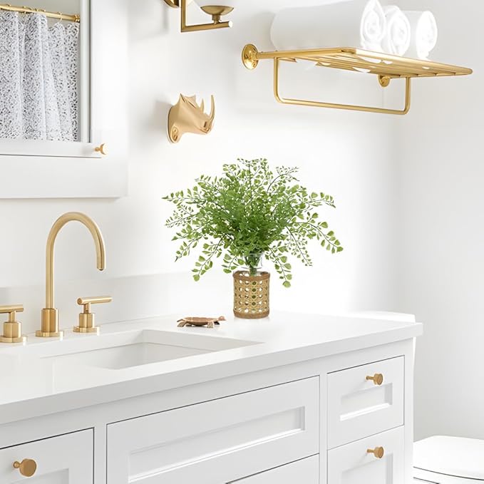 Faux Greenery Stems in Vase Aritificial Fern Plant in Glass Vase with Faux Water & Woven Cover Small Fake Desk Plants Greenery Centerpieces for Farmhouse Kitchen Dinner Tables Shelves Plants Decor