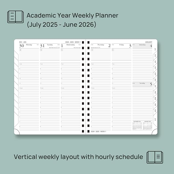 POPRUN Planner 2025-2026 (Medium - 6.5'' x 8.5'') Academic Weekly Calendar (July 2025 - June 2026) with Hourly Time Slots, Monthly Tabs, 100GSM Thick Papers, Spiral Leather Cover - Purple