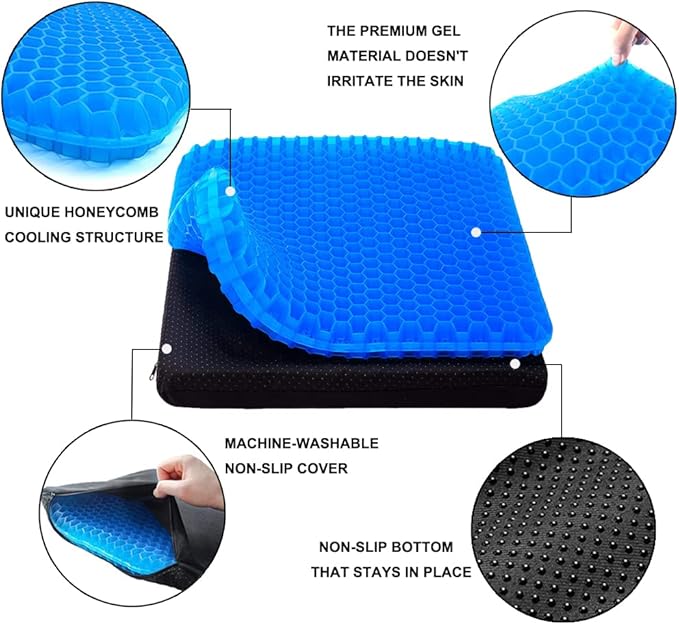 Gel Seat Cushion, Office Seat Cushion Chair Pads for Office Home Car Wheelchair Long Trips - Extra Thick Gel Cushion for Pressure Sores, Tailbone, Back, Sciatica Pain Relief (Extra Thick, Blue)