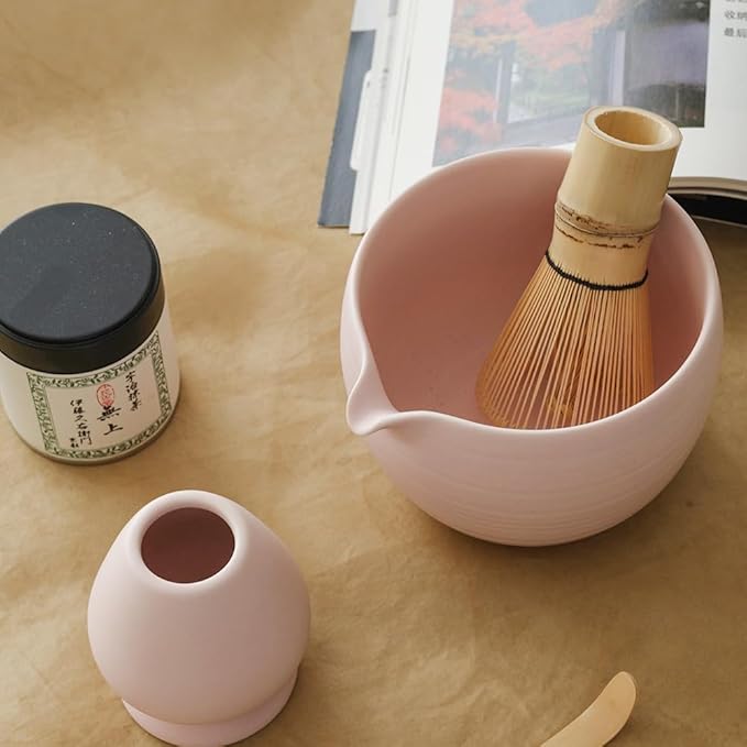 Matcha Whisk Set, Ceramic Matcha Bowl & Whisk Holder, Bamboo Accessory, Modern Design (Matte Soft Pink, Pouring Spout)