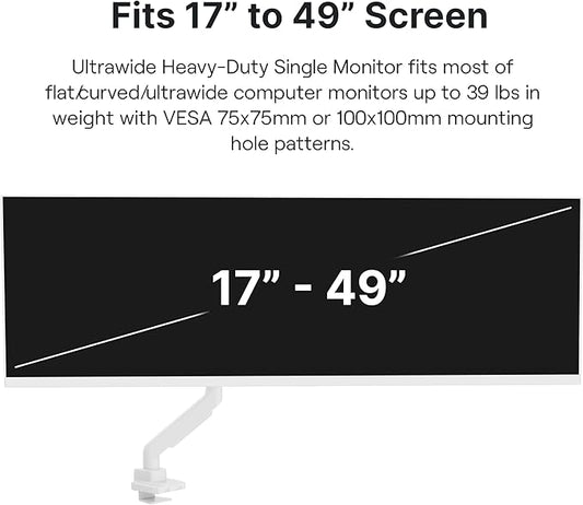 Pixio PS2S White Ultrawide Heavy-Duty Premium Single Monitor Arm Stand Desk Mount - Fits up to 49 inches Monitors, Weights up to 39lbs Flat / 31lbs Curved, Compatible with VESA 75x75 100x100mm
