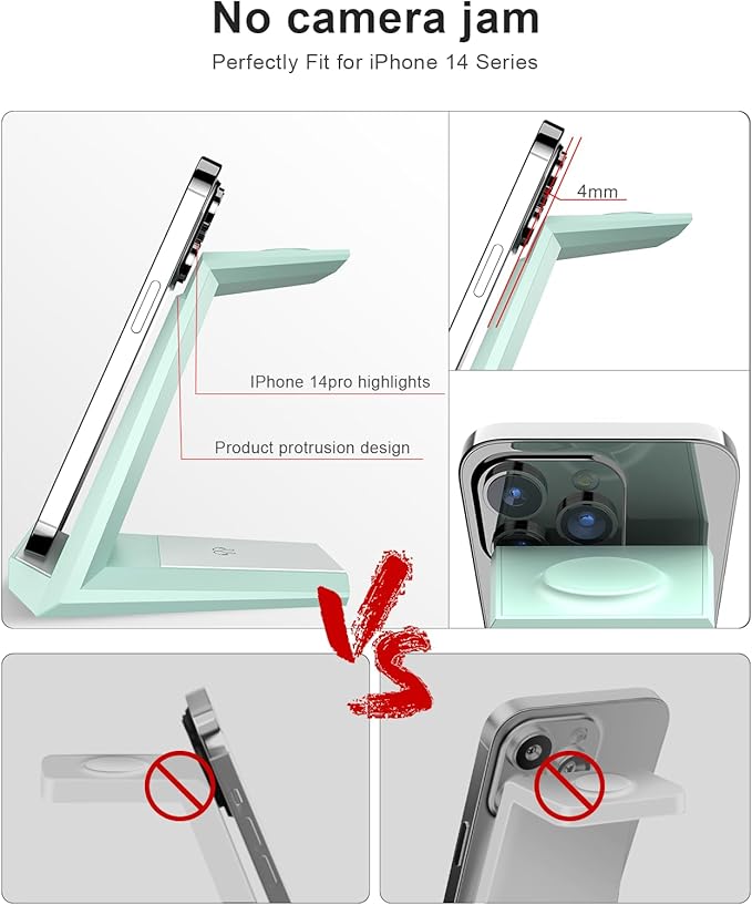 Wireless Charging Station for iPhone - ADADPU 3 in 1 Charger Stand for iPhone 17 16 15 14 13 12 11 Pro Max XR 8 Plus, Wireless Charging Dock for Apple Watch 9/8/7/SE/6/5/4/3/2, AirPods Pro/3/2 (Green)