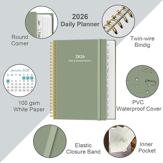 2026 Daily & Monthly Planner - One Page Per Day, Daily Planner 2026 from January 2026 to December 2026, Planner 2026 with 12 Monthly Tabs, 6.4" x 8.5", Green