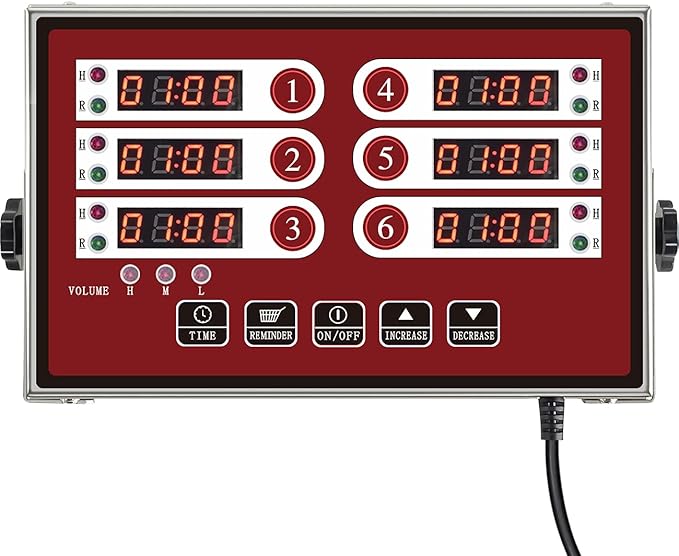 Kitchen Timers for Cooking – 6 Channel Commercial Kitchen Timer Restaurant Kitchen Supplies – Stainless Steel LED Technology Kitchen Timer Digital – Reminder Function, Loud Alarm, Red