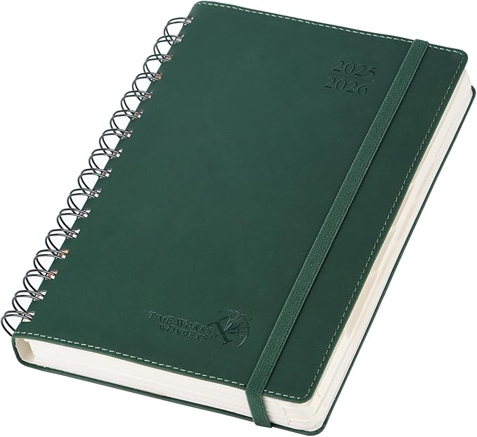 POPRUN Daily Planner 2025-2026 One Page per Day (6'' x 8.5'') with Spiral Bound Leather Soft Cover, Academic Year Appointment Book (Jul.2025 - Jun.2026) with Hourly Slots, Inner Pocket- Forest Green