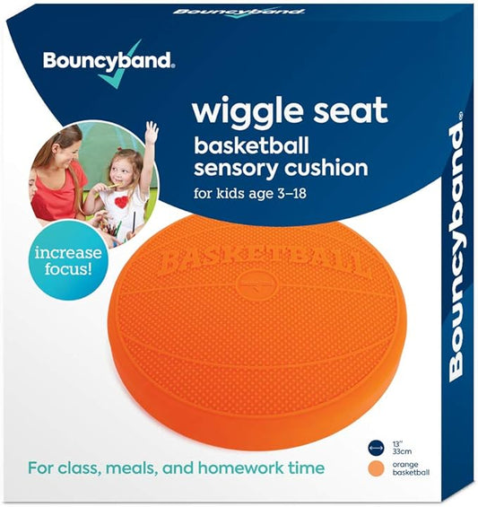 Shaped Wiggle Seats by Bouncyband–Orange Basketball, 13”x13”x2.2” –Inflatable Sensory Cushion for Kids, Improves Student Productivity and Focus, Comes with Easy-Inflation Pump to Customize Firmness
