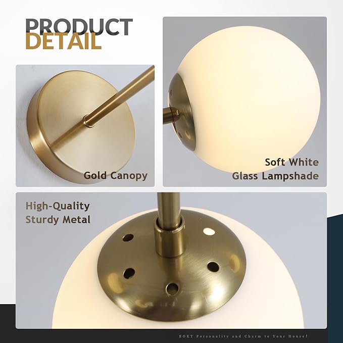 BOKT Frosted White Glass Wall Sconce Mid Century Modern Globe Ball Wall Light Brushed Brass Gold Adjustable Wall Sconce Lighting Industrial Vanity Bathroom Wall Lamp (Gold+White)