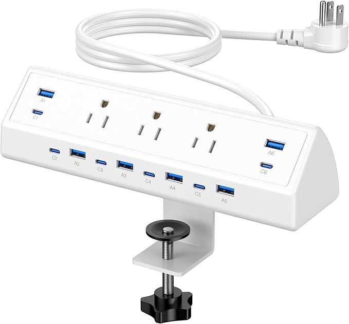 Jgstkcity 130W Desk Clamp Power Strip, 12 USB Ports (6 PD 65W USB-C),Surge Protector,ETL Listed Power Hub Extension Cord,Fast Charging Station for Home Office Desk Edge Mount (White, 12 USB-130W)