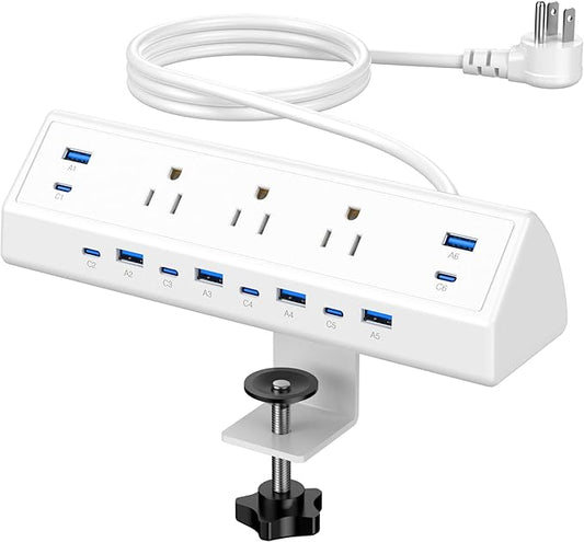 Jgstkcity 130W Desk Clamp Power Strip, 12 USB Ports (6 PD 65W USB-C),Surge Protector,ETL Listed Power Hub Extension Cord,Fast Charging Station for Home Office Desk Edge Mount (White, 12 USB-130W)