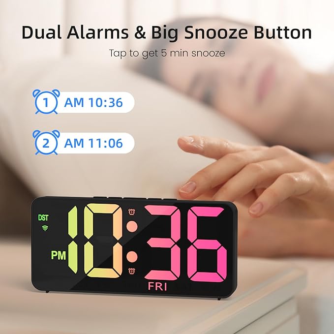 9" Digital Wall Clock with Night Light, Digital Clock with 8 RGB Colors, Dual Alarm, Snooze, Dimmer, Auto DST, Voice Control, Auto Time Sync, Clocks for Living Room, Bedroom, Perfect for Gift