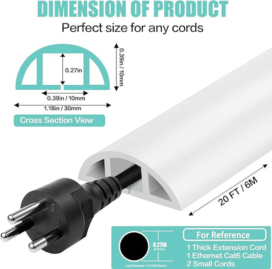 Floor Cord Cover Self Adhesive Cord Hider,20FT Cable Management, Extension Strip Protector for Wires, Prevent Cable Trips for Offices, Gyms, Exhibitions Cavity:0.39"(W) x 0.27"(H) White