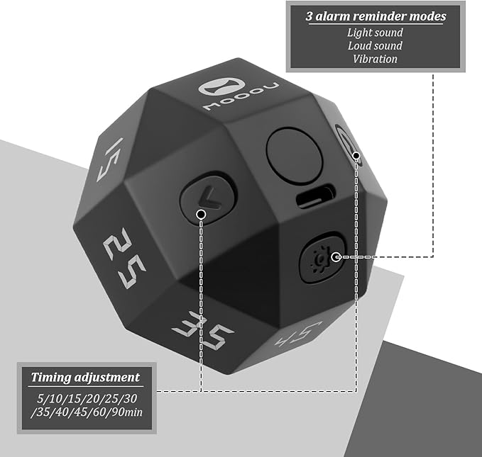 Flip Gravity Timer - 12-Side Time Management Cube with Preset Intervals, Silent Productivity Tool for Office, Study & Gym, Portable Focus Timer (Black)
