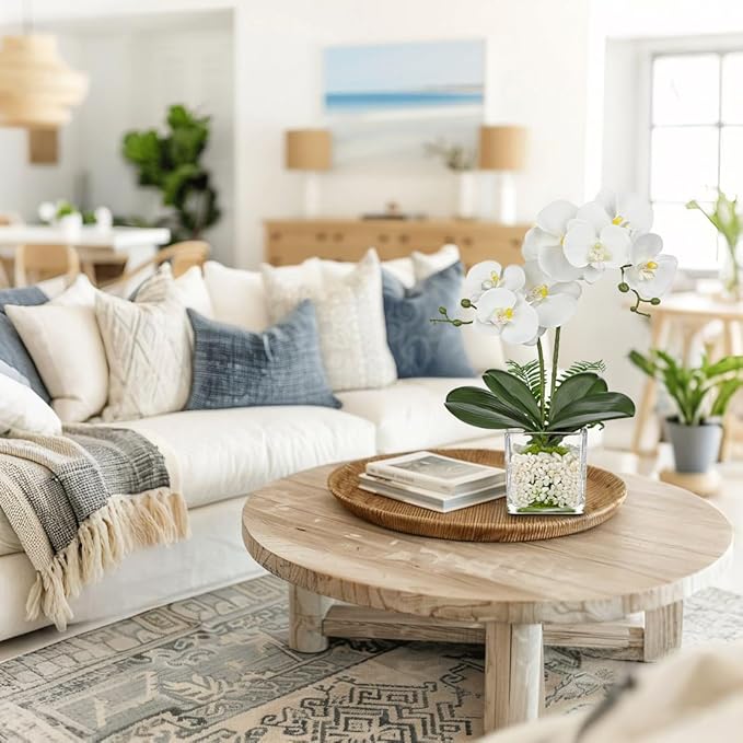 White Orchids Artificial Flowers 16.1" Faux Orchids Plant in Pot Fake Flower Arrangements with Glass Vases Small White Centerpieces for Kitchen Dining Room Tables Bathroom Nightstand Shelf Desk Decor