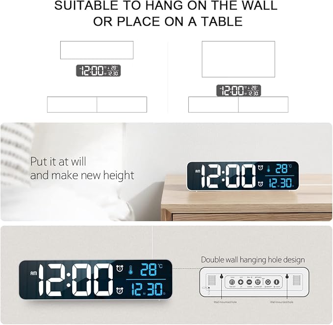 Digital Clock for Bedroom, Clocks for Living Room Decor, Desk Table Clock, Alarm Clock Large Display with Date Week Temperature, Automatic Brightness Dimmer, Smart Cool Modern (Black Blue)