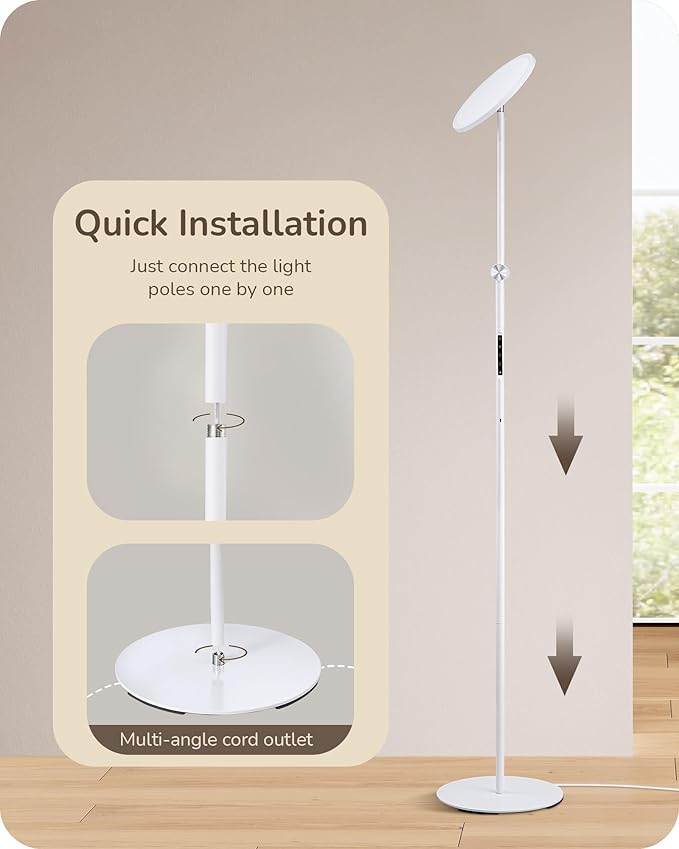 EDISHINE LED Reading Floor Lamp, 1600LM Bright Dimmable Lamp with Type-C Port, Flexible Head & Arm Tall Standing Lamps for Living Room, 3000K-6000K Modern Minimalist Lights for Bedroom, Office, White