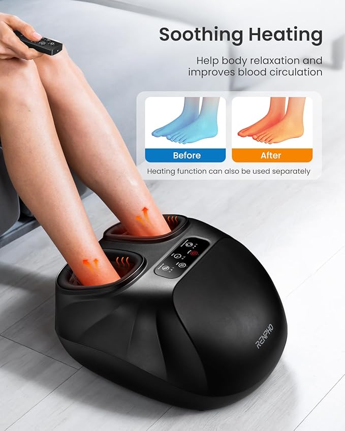 RENPHO Foot Massager Machine with Heat [2025 Upgraded], Shiatsu Foot Massager for Plantar Fasciitis, Birthday Gifts for Women, Wireless Control, FM069R-BK