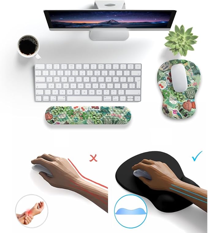 Mint Green Keyboard Wrist Rest Support Mouse Pad&Keyboard Set, Cute Green Ergonomic Mousepad Non-Slip Base Desk/Office Pain Relief&Easy Typing Pad with Neoprene Cloth&Raised Curved Memory Foam