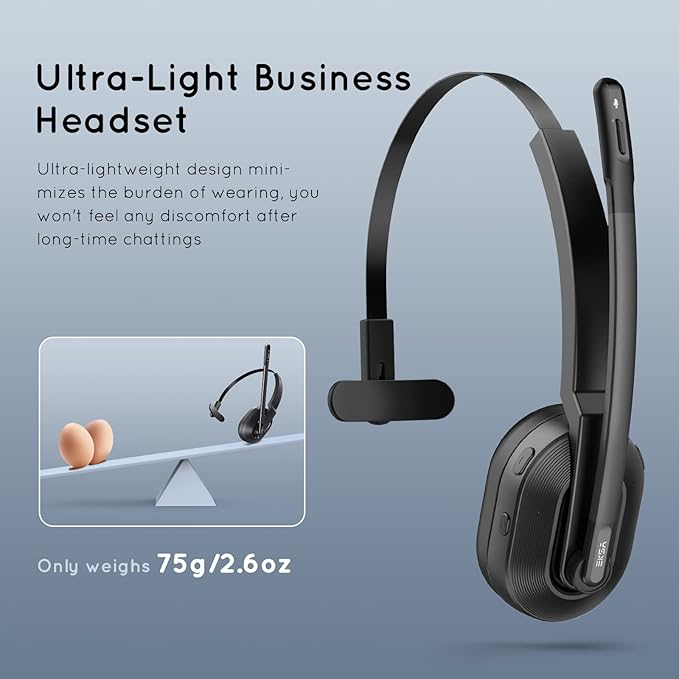 EKSA Trucker Bluetooth Headset, Wireless Headset with Microphone AI Noise Canceling, On Ear Bluetooth Headphone with Mute for Driver Office Call Center Computer Skype