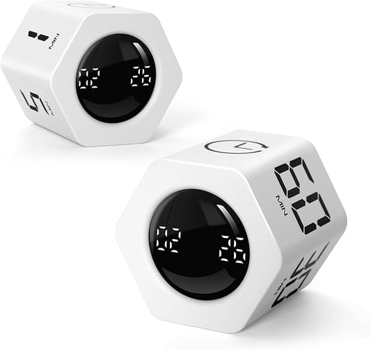 Productivity Timer 1, 5, 10, 30, 60 Minutes Preset, Desk Cube Timer with Gravity Sensor/Mute/Vibration for ADHD, Work, Study, Kitchen, Back to School (2, White&White)