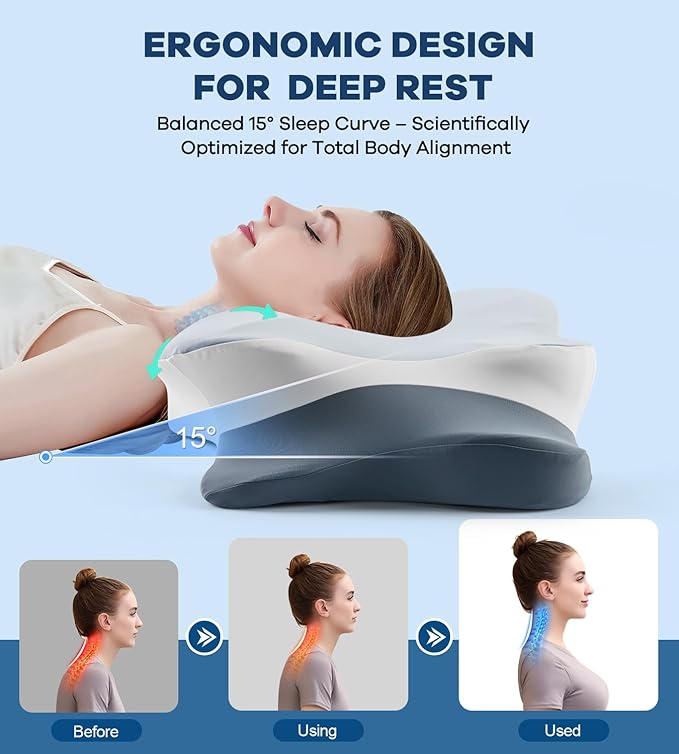 Cervical Pillow for Neck Pain Relief -Cooling Ergonomic Memory Foam Pillow with Ice Silk Pillowcase, Dual-Height Orthopedic Support Contour Pillow for Side/Back/Stomach Sleepers, CertiPUR-US Certified