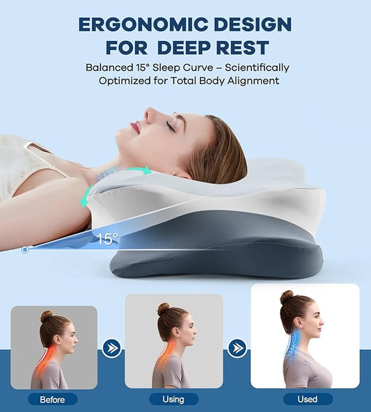 Cervical Pillow for Neck Pain Relief -Cooling Ergonomic Memory Foam Pillow with Ice Silk Pillowcase, Dual-Height Orthopedic Support Contour Pillow for Side/Back/Stomach Sleepers, CertiPUR-US Certified