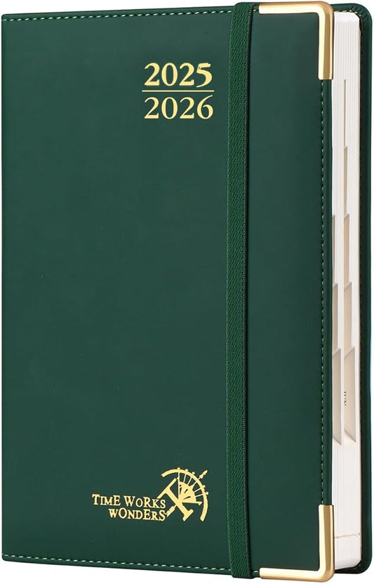 POPRUN Daily Planner 2025-2026 One Page per Day, (A5 Size 5.75" x 8.5") Academic Calendar (July25- June26) Hourly Appointment Book with Vegan Leather Hardcover, Monthly Tabs & Pocket - Forest Green