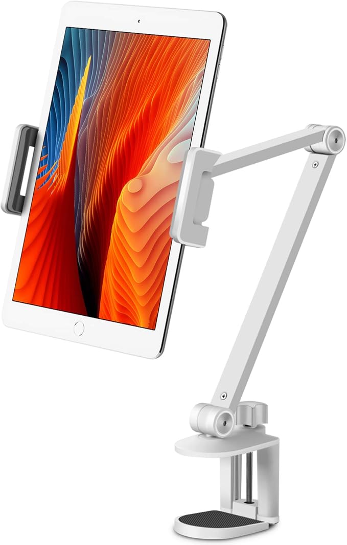 Viozon Tablet Stand Holder Mount, Rotate 360 Degrees of Flexible, Height and Angle Adjustable, High-Grade Aluminium Alloy Long Arm Compatible with 4.5-13 Mobile Phone and Tablet, iPhone, iPad(White)