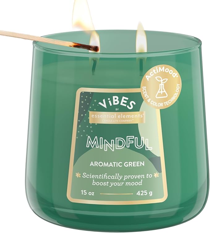 Candle-Lite Vibes Aromatic Green Mood-Enhancing Scented Candles, 15 oz Jar, Aromatherapy, Proudly Poured in The USA, 2-Wick, 86 Hours Burn Time, Perfect Relaxation Gift