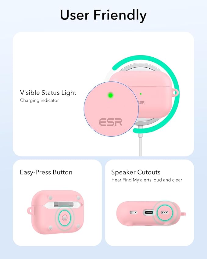ESR for AirPods Pro 2 Case, Compatible with Airpods Pro 2nd Generation Case (2023/2022/2019), Compatible with MagSafe, Magnetic Lid Lock, Full Drop Protection, Pink