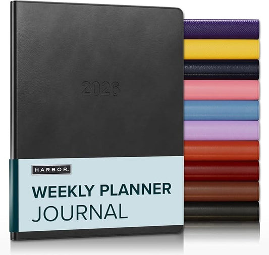Harbor Weekly Journal Notebook Planner 2025-2026 - Lined, Durable Faux Leather, Softcover, 176 Quality Pages, For Men and Women, For Writing, Work & Travel, Cambridge Black - 9x7"