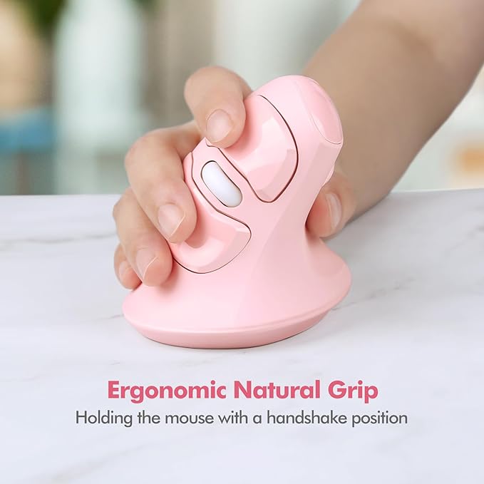 MicroPack Ergonomic Mouse, Vertical Wireless Mouse with USB A & Type-C Receiver, Ergo Design Reduces Muscle Strain, 6 Buttons 800/1200/1600 DPI Mouse for Windows, Mac, PC, Laptop, Pink