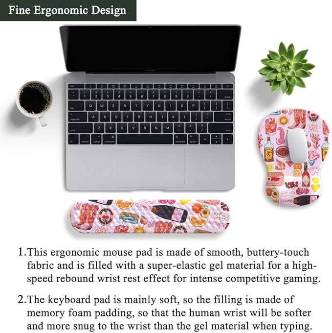 Cute Pink Mouse Pad and Keyboard with Wrist Rest Ergonomic Aesthetic Gaming Mouse Pads, Best Desk Decor Office Cute Pink Desk Accessories Mouse Pad with Wrist Rest, Vacation Style Soft Gel Material