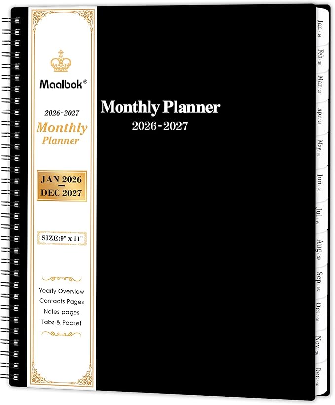 2026-2027 Monthly Planner/Calendar - January 2026 - December 2027, Monthly Calendar 2026-2027, 9" x 11", 2 Years Planner, Cardboard Cover, Black