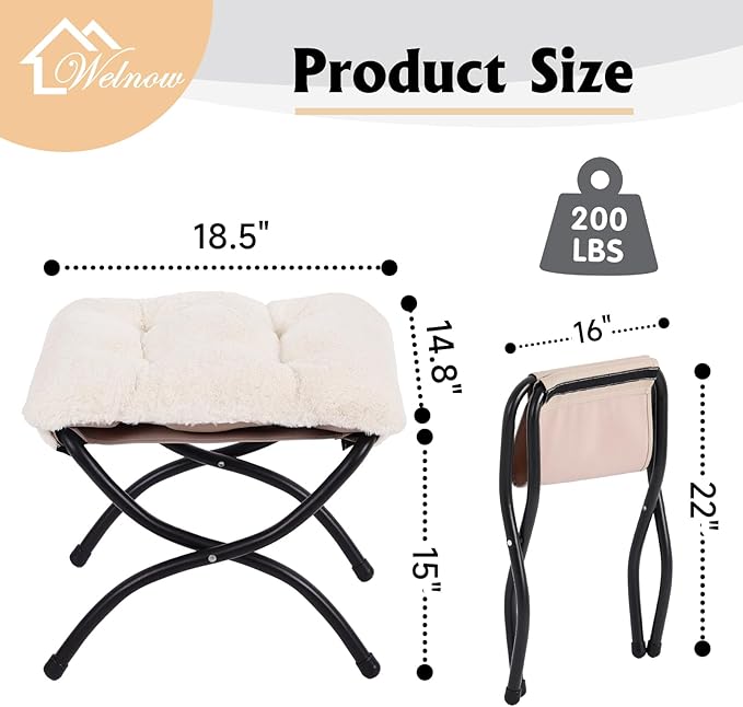 Welnow Folding Foot Stool, Upholstered Small Accent Ottoman with Detachable Thick Cotton Cushion Padded Sofa Stool and Metal Frame for Lazy Chair, Living Room, Bedroom, Plush Beige