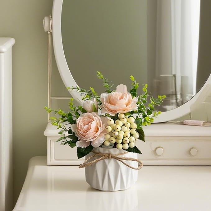 Faux Flowers with Vase, 2pcs Small White Artificial Flowers Arrangement, Potted Plants,Decoration for Bathroom Home Party Office Desk Wedding,Coffee Table Decor (White/Champagne)