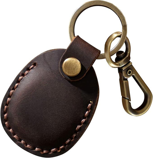 Genuine Leather Airtag Holder, Portable Air Tag Keychain with Key Rings Full Coverage Air Tags Hidden Case Cover Compatible for AirTags Dark Brown