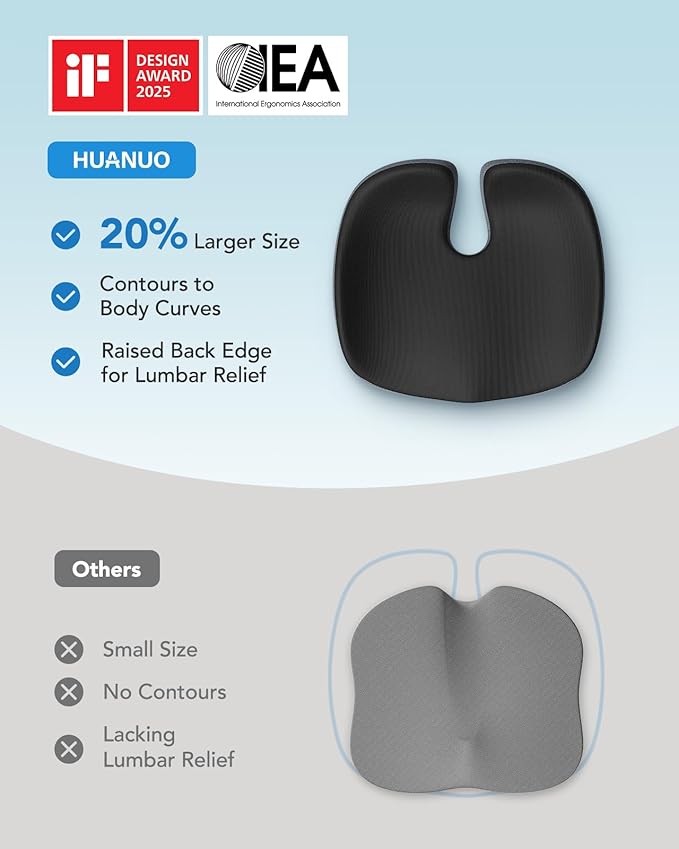 HUANUO Seat Cushion for Office Chair, Extra Large Memory Foam Cushion for Office Chair,Car & Wheelchair - Sciatica & Tailbone Pain Relief for Long Sitting, Ergonomic Design with Anti-Slip Bottom