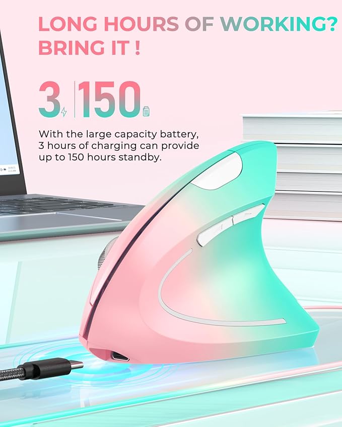 Lekvey Ergonomic Mouse, Vertical Wireless Mouse, Rechargeable 2.4G Optical Carpal Tunnel Mice with USB Receiver: 1000/1200 / 1600 DPI, 6 Buttons, for Laptop, Computer, PC, Desktop, Pink Green