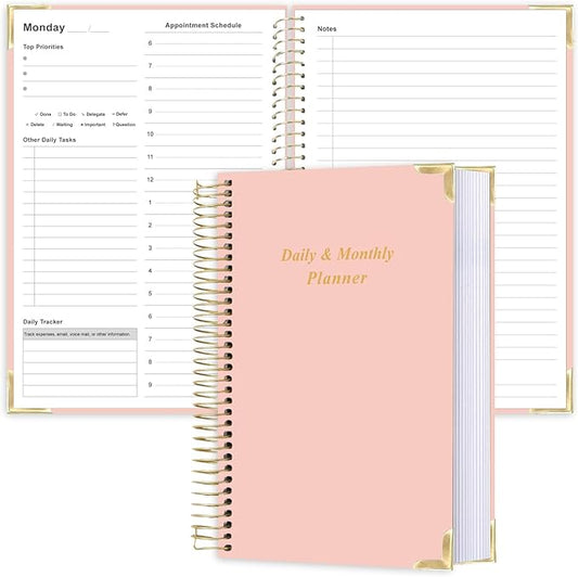 Undated Daily Monthly Planner for 2025 2026 - A5 To Do List with Hourly Schedule, Hardcover Spiral Bound Daily Planner to Increase Focus, Stylish School/Office Supplies, 5.8" x 8.5", Pink
